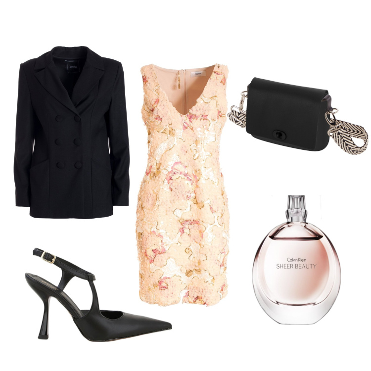 Outfit donna - Pranzo chic. Stile Bon Ton per Tutti i giorni. Abbinamento con profumi, vestiti a tubino, blazer, décolleté, borse a spalla.