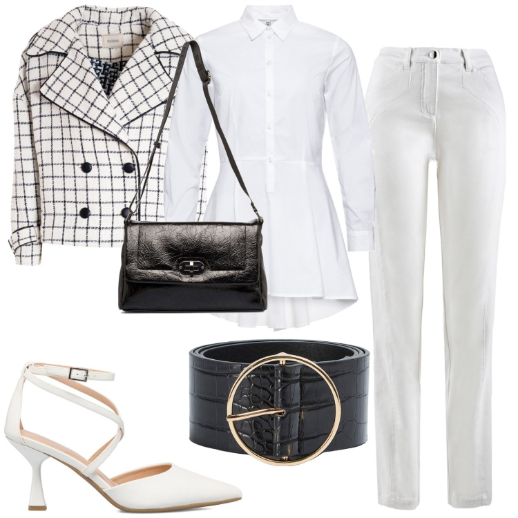 Outfit donna - Total look #1740822. Stile Casual per Tutti i giorni. Abbinamento con camicie, pantaloni sportivi, cinture, blazer, décolleté, borse a tracolla.
