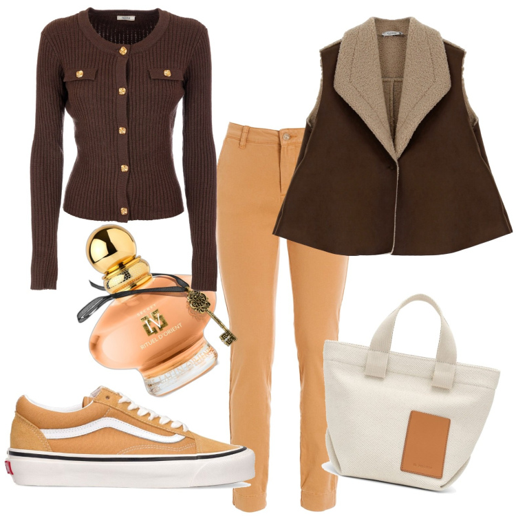 Outfit donna - Al lavoro. Stile Casual per Ufficio. Abbinamento con profumi, cardigans, pantaloni, gilet, sneakers, borse a mano.