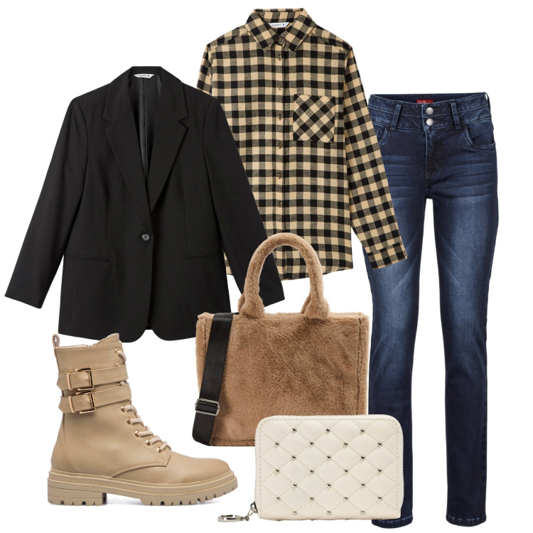 Outfit donna - La camicia portata fuori. Stile Casual chic per Tutti i giorni. Abbinamento con jeans, shopping bag, blazer, camicie, portafogli, anfibi.
