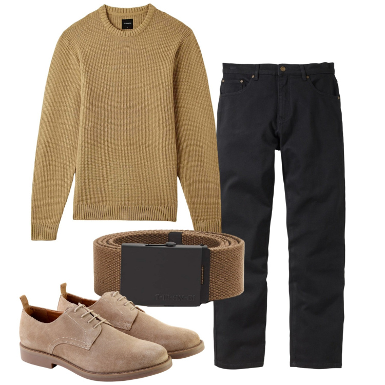 Outfit uomo - Il pull mostarda. Stile Casual per Tutti i giorni. Abbinamento con jeans dritti, maglieria, cinture, scarpe stringate.