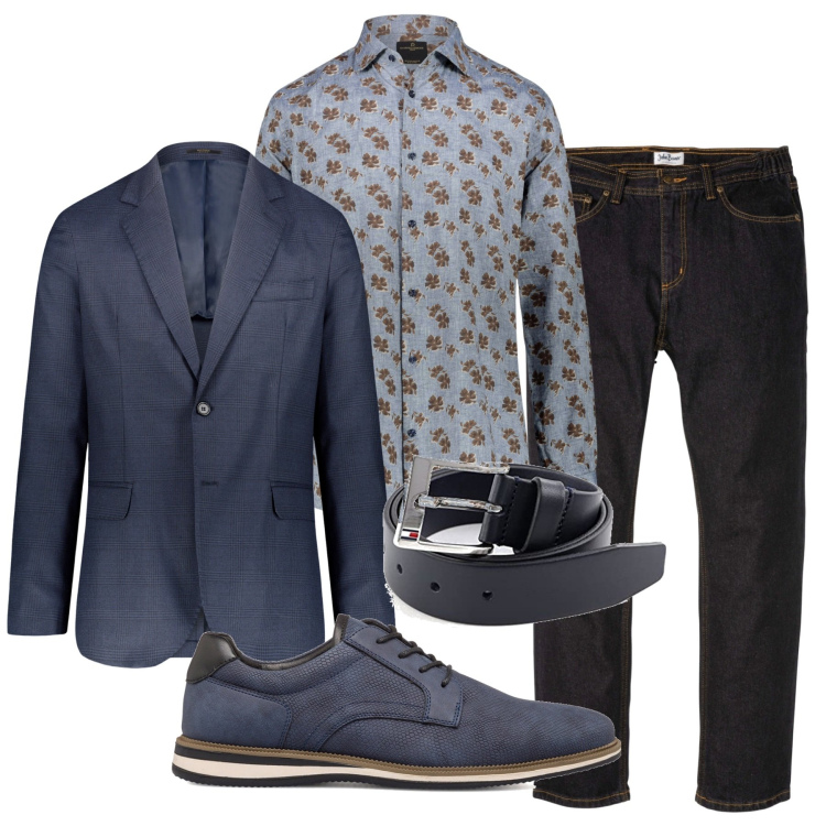 Outfit uomo - Il blu sul nero. Stile Casual per Serata speciale. Abbinamento con jeans dritti, scarpe stringate, cinture, camicie, giacche.