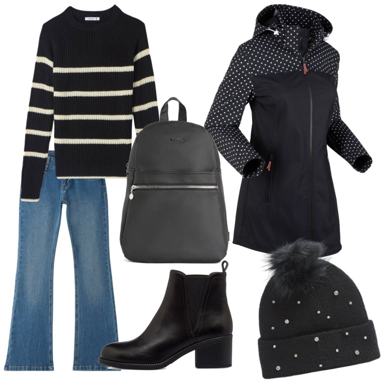 Outfit donna - Il jeans e il nero. Stile Casual per Tutti i giorni. Abbinamento con blazer, jeans a zampa, maglieria, berretti, zaini, stivaletti.