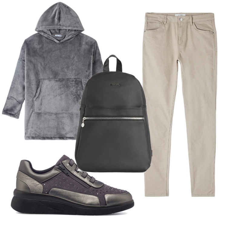 Outfit donna - Total look #1740946. Stile Basic per Scuola/Università. Abbinamento con felpe con cappuccio, pantaloni, zaini, sneakers.