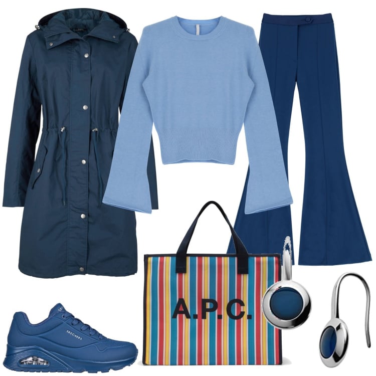 Outfit donna - Le sneaker blu per la città. Stile Casual per Tutti i giorni. Abbinamento con parka, pantaloni, pullovers, sneakers, shopping bag, orecchini.