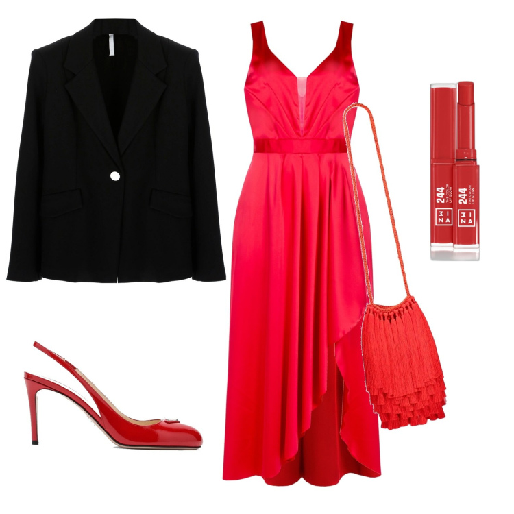 Outfit donna - Total look #1740953. Stile Chic per Cerimonia. Abbinamento con rossetti, vestiti asimmetrici, blazer, borse a spalla, décolleté.