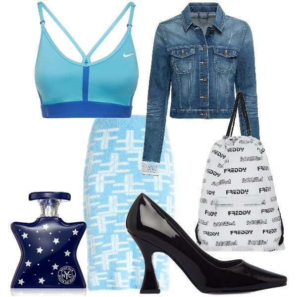 Outfit donna - Sporty chic. Stile Sporty chic per Tutti i giorni. Abbinamento con blazer, profumi, gonne longuette, zaini, décolleté, top.