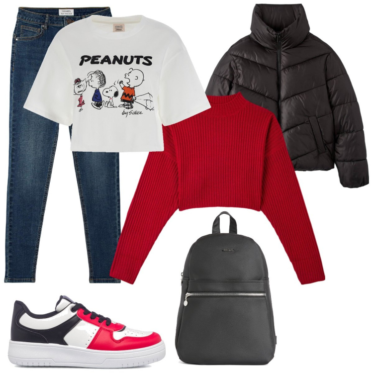 Outfit donna - Peanuts & go in saldo. Stile Basic per Scuola/Università. Abbinamento con jeans skinny, maglieria, piumini, zaini, t-shirt, sneakers.