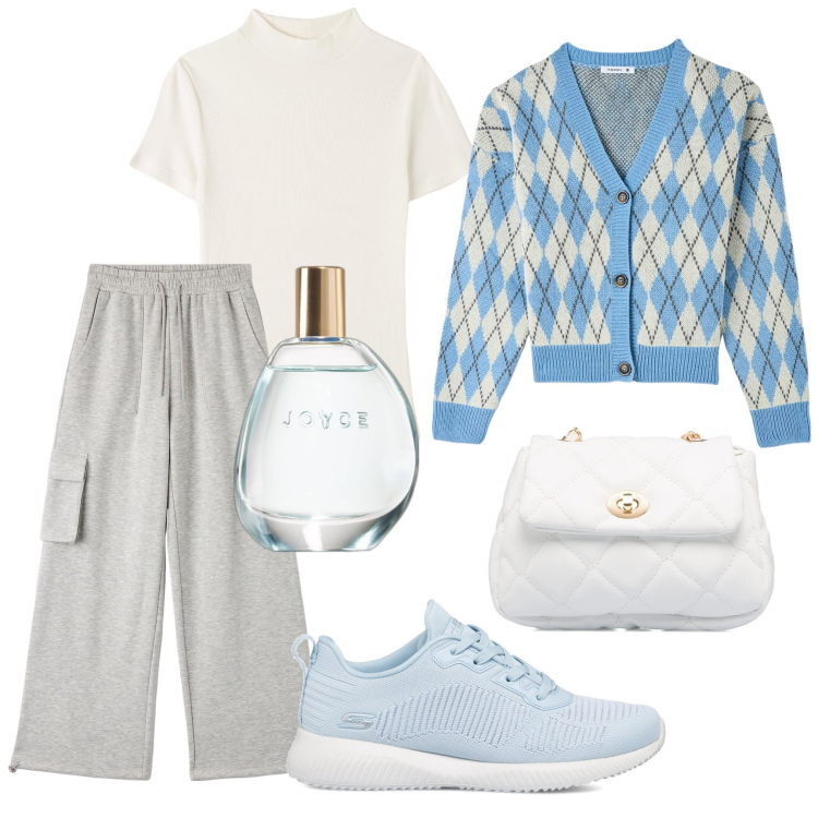 Outfit donna - Casual:). Stile Casual per Tutti i giorni. Abbinamento con t-shirt, pantaloni, cardigans, profumi, sneakers, borse a tracolla.