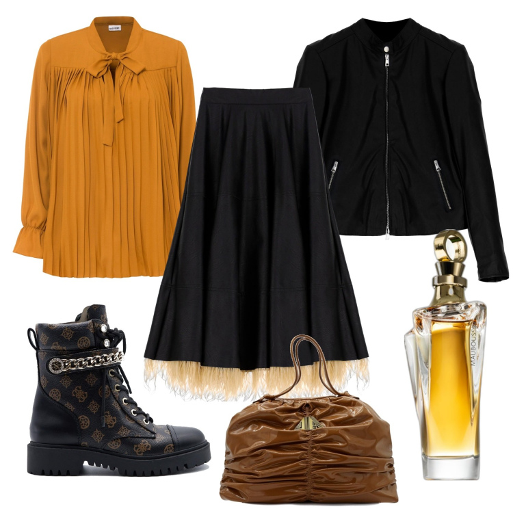 Outfit donna - Particolari. Stile Chic per Ufficio. Abbinamento con bluse, profumi, cappotti, gonne longuette, anfibi, borse a mano.