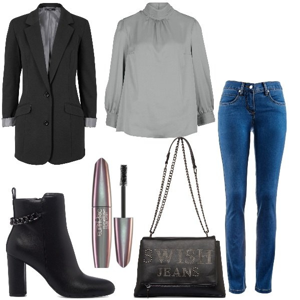 Outfit donna - Stivaletti e jeans in ufficio. Stile Casual chic per Ufficio. Abbinamento con jeans dritti, tuniche, giacche, mascara, stivaletti, borse a tracolla.