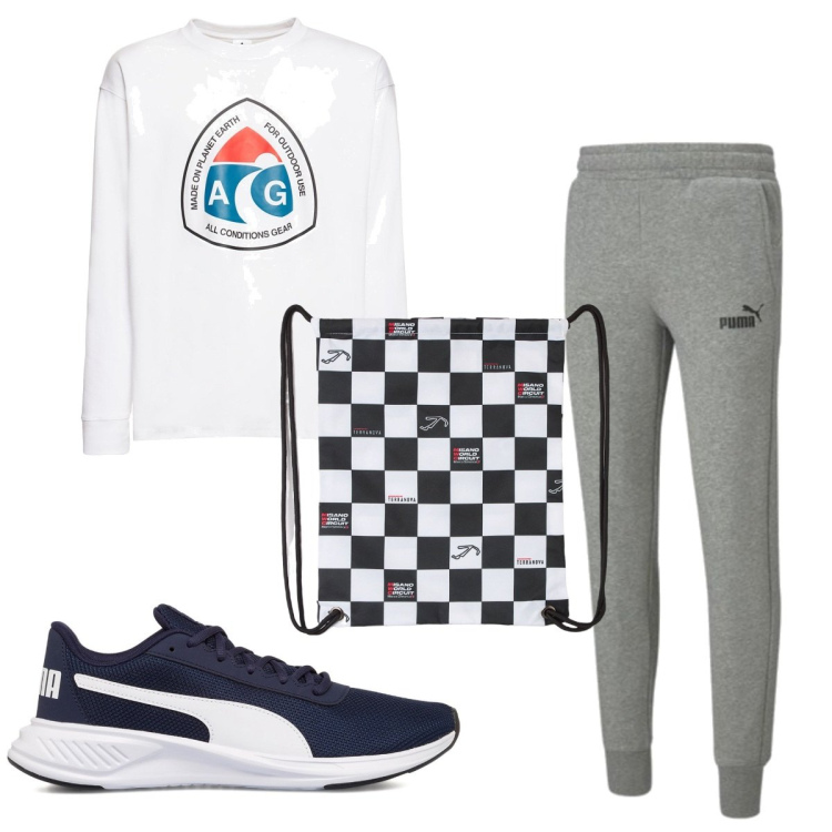 Outfit uomo - Total look #1741025. Stile Trendy per Sport. Abbinamento con borse sportive, pantaloni, scarpe sportive, t-shirt.