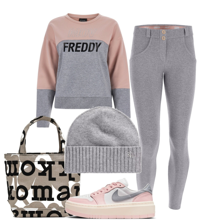 Outfit donna - Al parco con Freddy. Stile Sporty chic per Tutti i giorni. Abbinamento con pantaloni skinny, felpe, berretti, sneakers, borse tote.