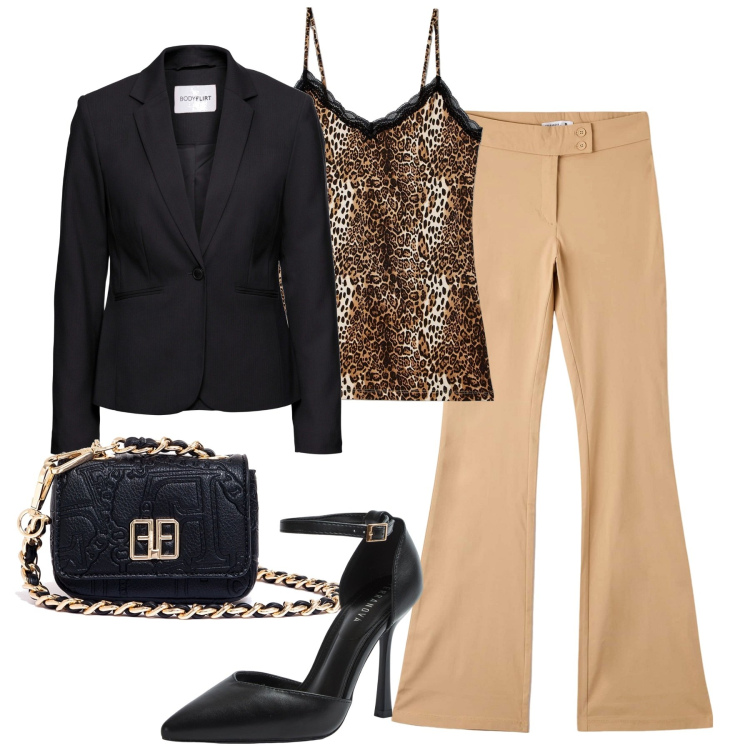 Outfit donna - Casual chic. Stile Casual chic per Tutti i giorni. Abbinamento con blazer, pantaloni, magliette intime, décolleté, marsupi.