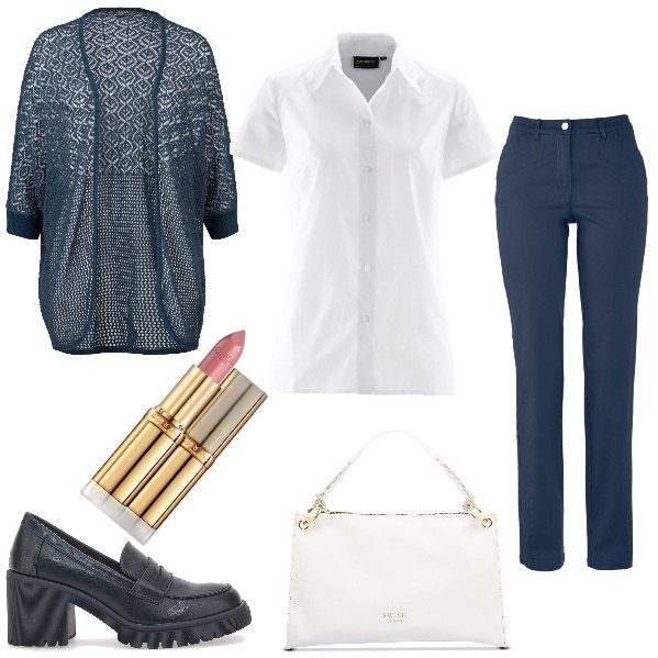 Outfit donna - La camicia in ufficio. Stile Casual chic per Ufficio. Abbinamento con cardigans, camicie a manica corta, pantaloni, rossetti, borse a mano, mocassini.