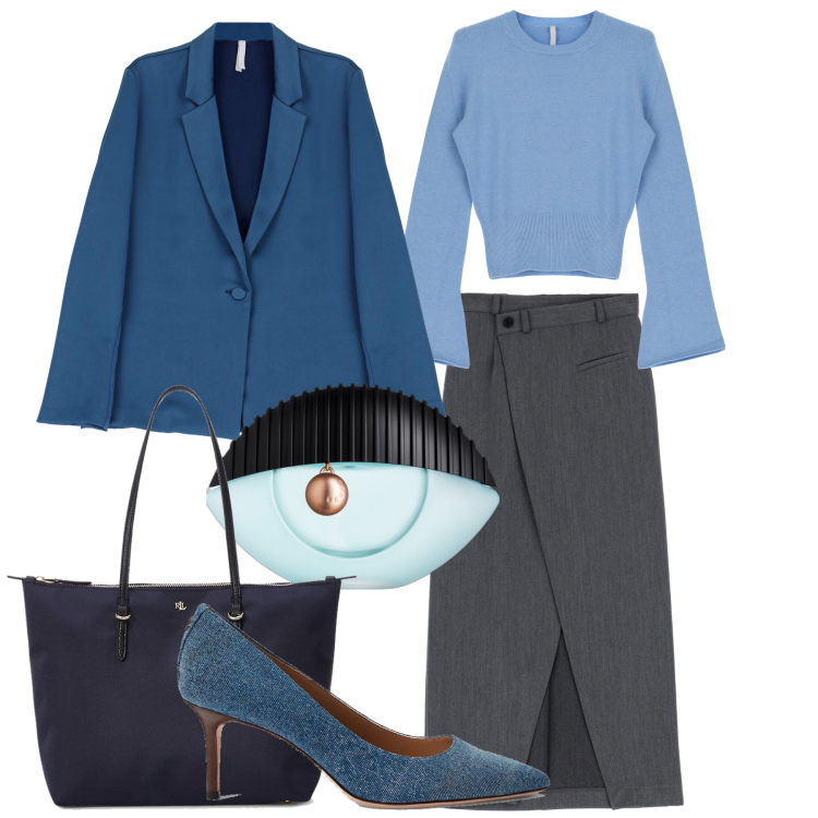 Outfit donna - Azzurro. Stile Chic per Ufficio. Abbinamento con profumi, pullovers, giacche, gonne lunghe, borse tote, décolleté.