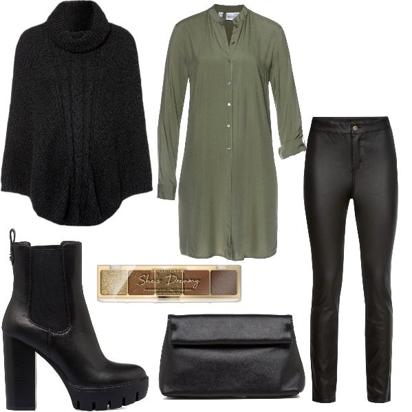 Outfit donna - Cena da amici. Stile Casual chic per Serata fuori. Abbinamento con camicie, cappotti, pantaloni, ombretti, stivaletti, borse a tracolla.