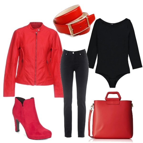 Outfit donna - Rosso più nero. Stile Trendy per Tutti i giorni. Abbinamento con jeans slim fit, giubbotto collo tondo a maniche lunghe con zip interno foderato in pelle sintetica tinta unita, stivaletti rosso, body con scollo a maniche 3/4 con bottoni nero, shopping bag rosso, cintura rosso.