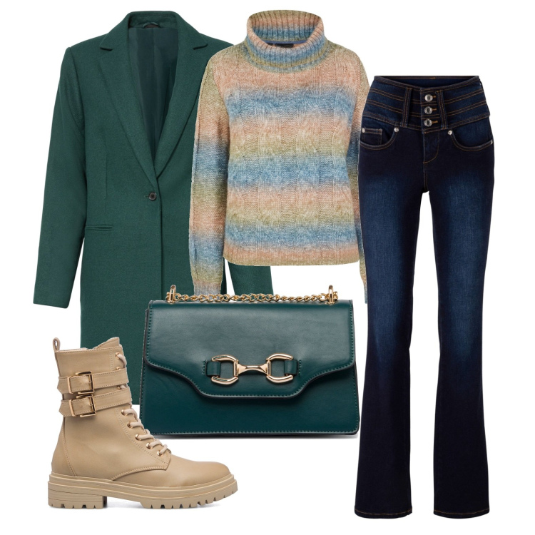 Outfit donna - Ghost outfitter - ottobre. Stile Casual per Ufficio. Abbinamento con jeans bootcut, cappotti, maglieria, anfibi, borse a tracolla.