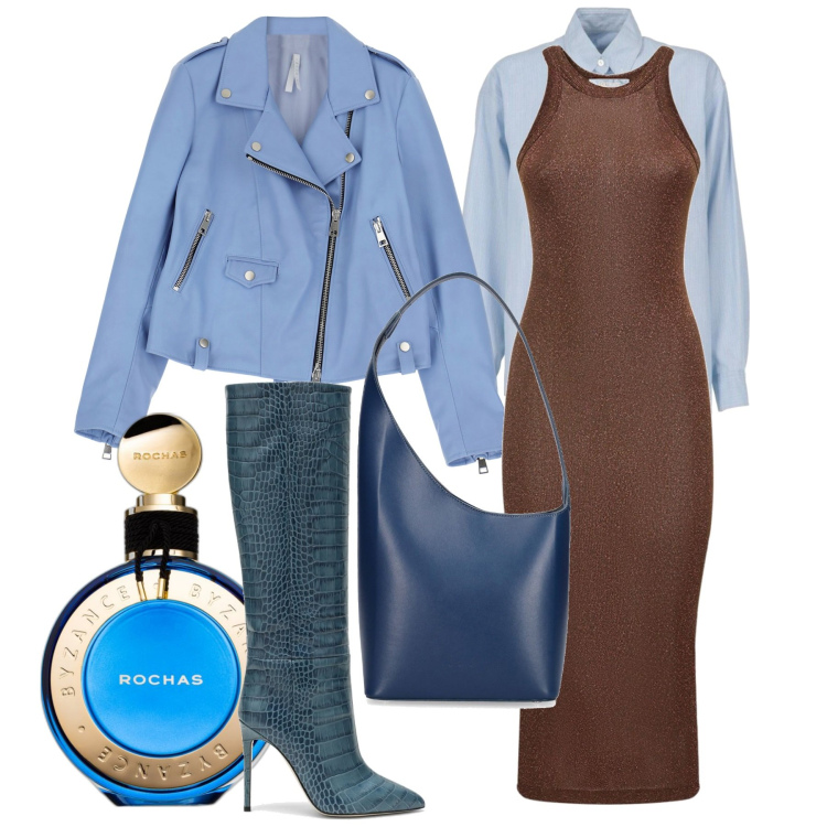 Outfit donna - Il mare d\'autunno. Stile Chic per Tutti i giorni. Abbinamento con camicie, profumi, giacche, stivali, vestiti midi/longuette, borse a spalla.