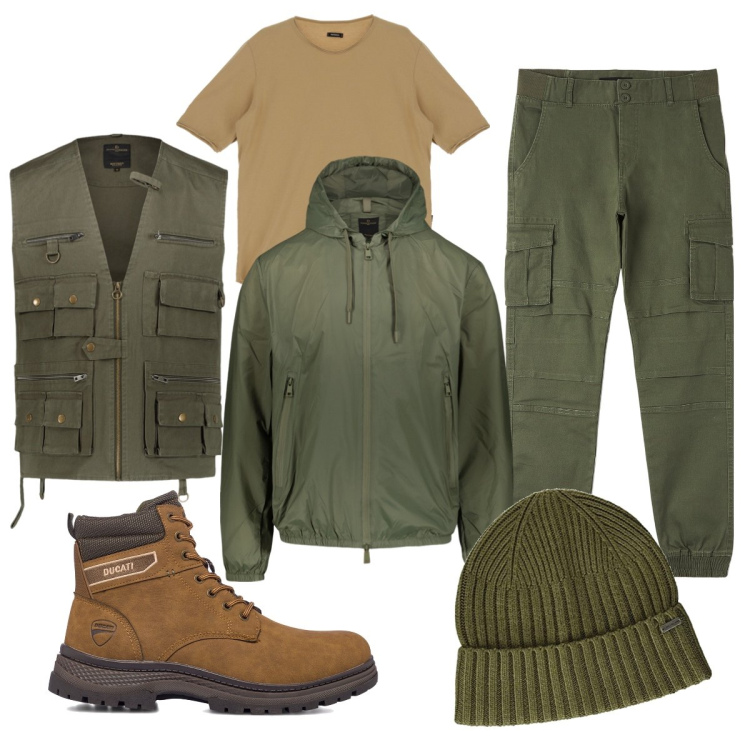 Outfit uomo - Stagione venatoria. Stile Urban per Sport. Abbinamento con t-shirt, stivali e stivaletti, gilet, pantaloni cargo, giacche, berretti.