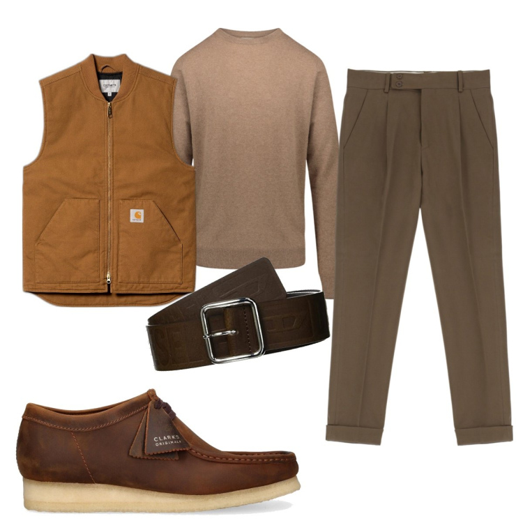 Outfit uomo - Total look #1741144. Stile Casual per Tutti i giorni. Abbinamento con pantaloni, gilet, maglieria, cinture, scarpe stringate.