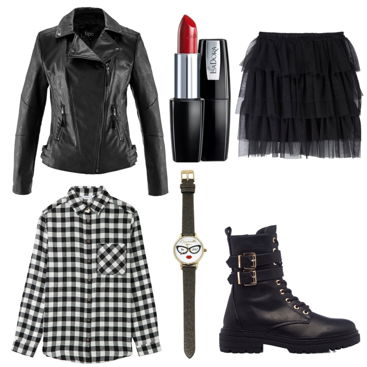 Outfit donna - Giovane e rock. Stile Rock per Serata fuori. Abbinamento con blazer, rossetti, minigonne, camicie, anfibi, orologi.