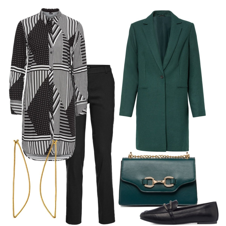 Outfit donna - Outfit con camicia lunga. Stile Chic per Tutti i giorni. Abbinamento con pantaloni, camicie, cappotti, mocassini, borse a tracolla, orecchini.