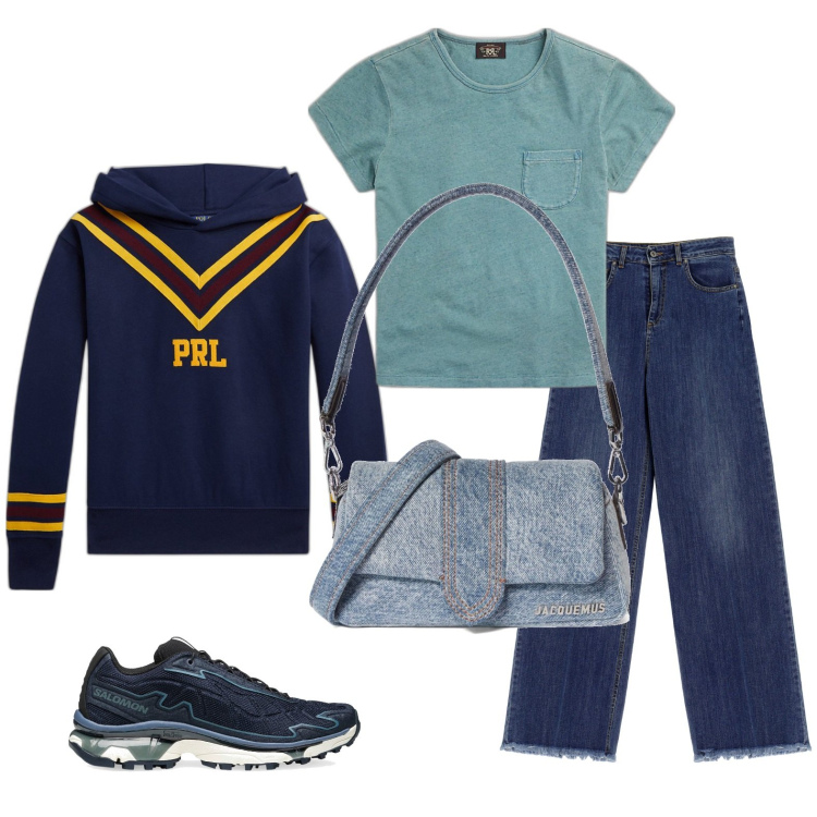 Outfit donna - Total look #1741178. Stile Casual per Tutti i giorni. Abbinamento con t-shirt, pantaloni a palazzo, felpe con cappuccio, sneakers, borse a spalla.