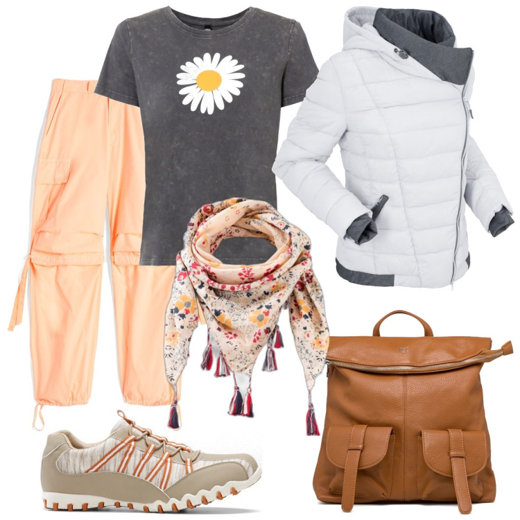 Outfit donna - Passeggiando in montagna. Stile Sporty chic per Sport. Abbinamento con t-shirt, cappotti, sneakers, foulard, pantaloni cargo, zaini.