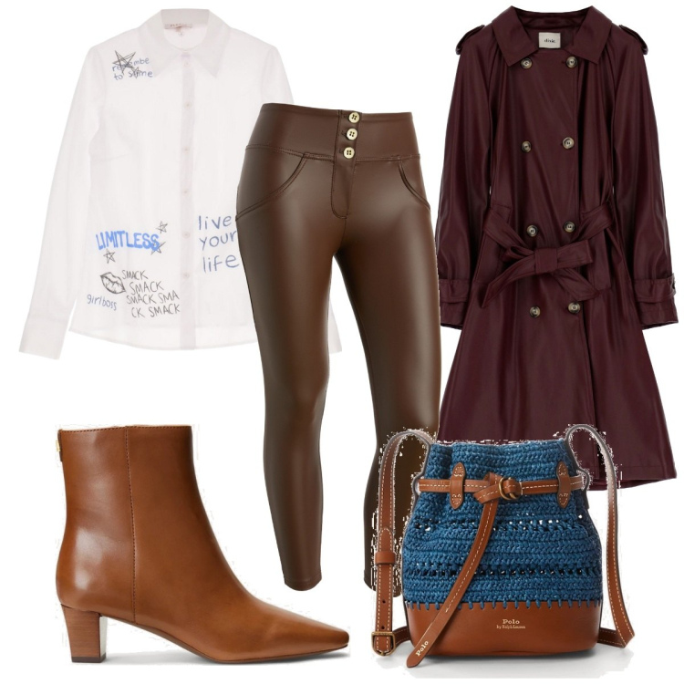Outfit donna - Total look #1741217. Stile Trendy per Tutti i giorni. Abbinamento con camicie, pantaloni skinny, borse a secchiello, stivaletti, trench.