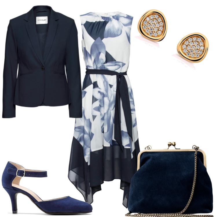 Outfit donna - Invitata ad una cerimonia. Stile Chic per Cerimonia. Abbinamento con décolleté, blazer, vestiti, clutch, orecchini.