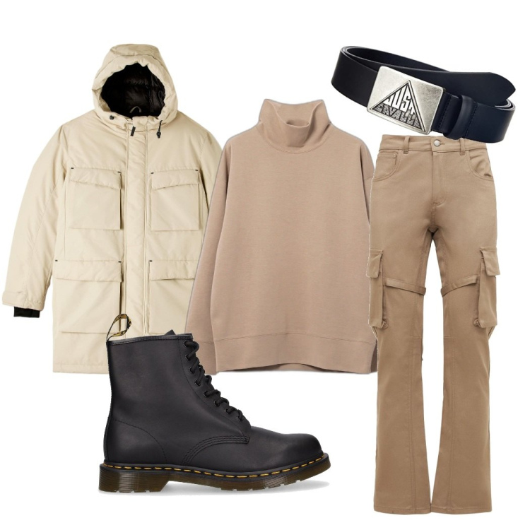 Outfit uomo - Total look #1741224. Stile Urban per Tutti i giorni. Abbinamento con felpe, parka, pantaloni cargo, cinture, stivali.