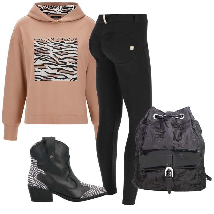 Outfit donna - Iniziano i corsi. Stile Urban per Scuola/Università. Abbinamento con stivaletti, zaini, pantaloni skinny, felpe con cappuccio.