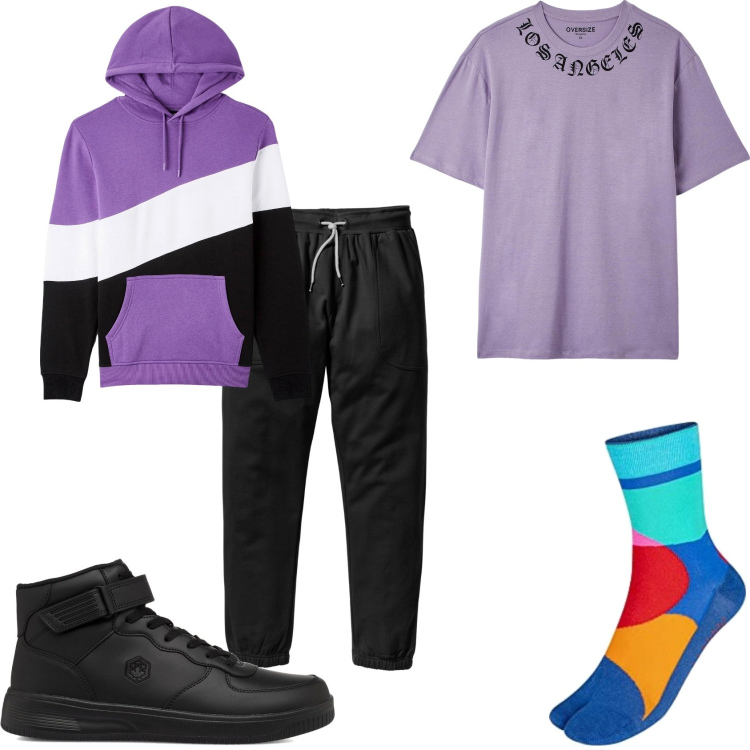 Outfit uomo - In tutta in nero e viola con colore. Stile Casual per Tutti i giorni. Abbinamento con pantaloni sportivi, felpe con cappuccio, t-shirt, sneakers alte, calzini.