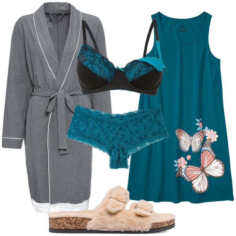 Outfit donna - Intimo donna. Stile Casual per Tutti i giorni. Abbinamento con camicie da notte, reggiseni, vestaglie, culotte, pantofole.