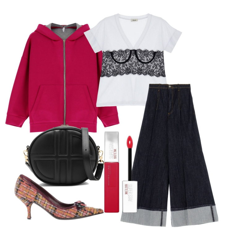 Outfit donna - Ghost outfitter - ottobre. Stile Casual chic per Tutti i giorni. Abbinamento con décolleté, rossetti, giacche, t-shirt, jeans, borse a tracolla.