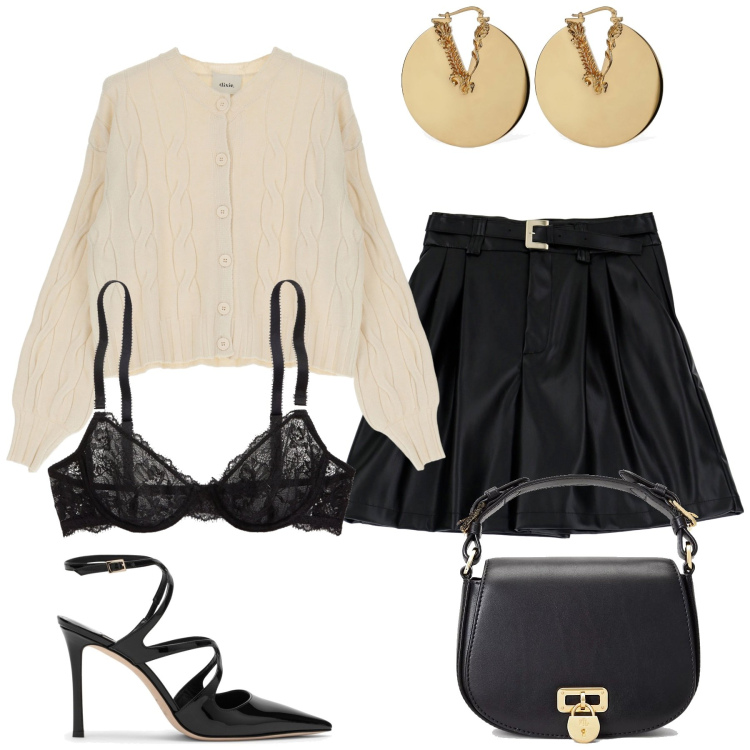 Outfit donna - Pranzo con te. Stile Sexy per Tutti i giorni. Abbinamento con bermuda, pullovers, borse a tracolla, reggiseni, scarpe col tacco, orecchini.