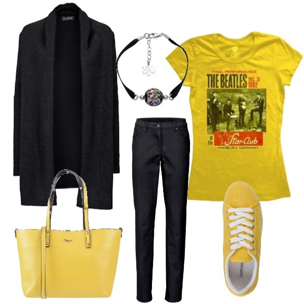 Outfit donna - Yellow submarine. Stile Basic per Tutti i giorni. Abbinamento con cardigans, pantalone elasticizzato, sneakers tennis, borsa taglia media doppio manico interno foderato in pelle sintetica tinta unita, shorts giallo, braccialetto in argento 925.