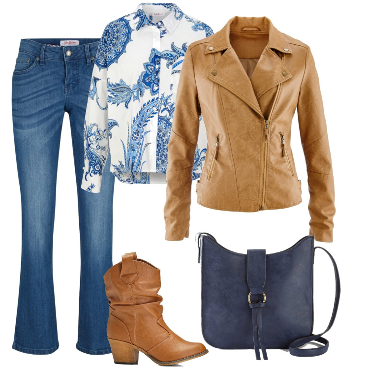 Outfit donna - Una texana in città. Stile Trendy per Tutti i giorni. Abbinamento con jeans bootcut, stivaletti texani, camicie, blazer, borse a tracolla.