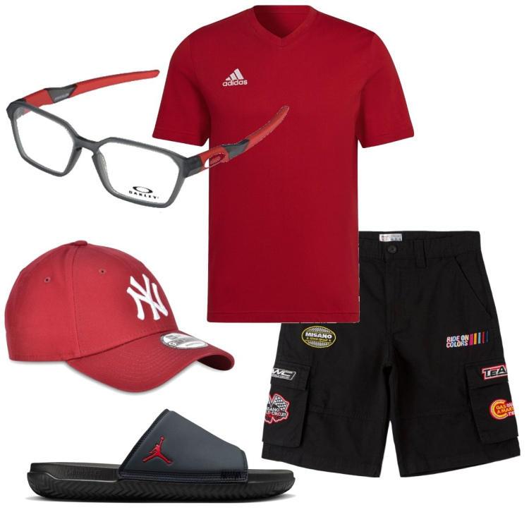Outfit uomo - Ultimi giorni al mare. Stile Casual per Mare. Abbinamento con bermuda, t-shirt, occhiali da sole, cappelli con visiera, sandali.