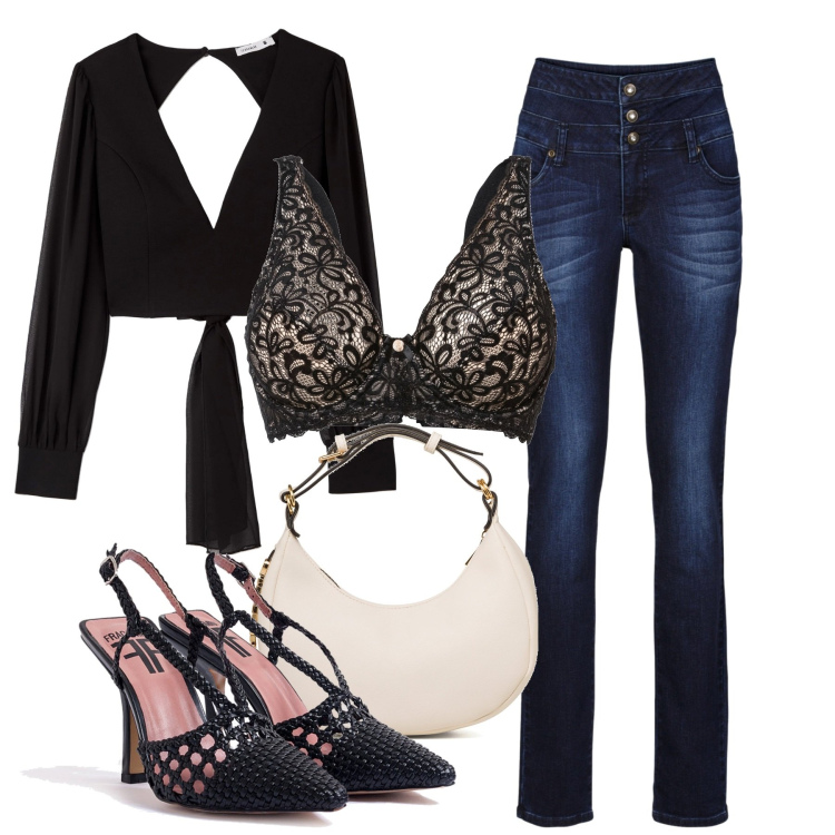 Outfit donna - Serata in jeans. Stile Casual chic per Serata fuori. Abbinamento con reggiseni, jeans skinny, bluse, décolleté, borse a mano.