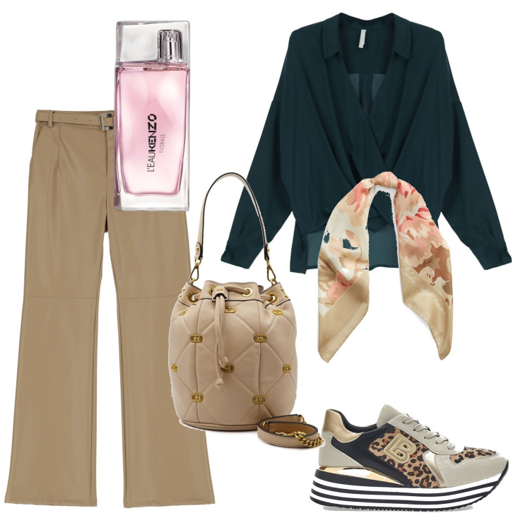 Outfit donna - Pranzo con la mia amica. Stile Casual chic per Serata fuori. Abbinamento con profumi, camicie, pantaloni a palazzo, foulard, sneakers, borse a spalla.