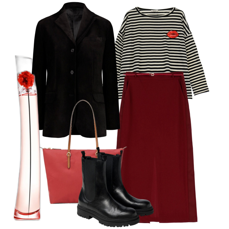 Outfit donna - Flower. Stile Urban per Tutti i giorni. Abbinamento con profumi, gonne lunghe, maglieria, borse tote, stivaletti chelsea, blazer.