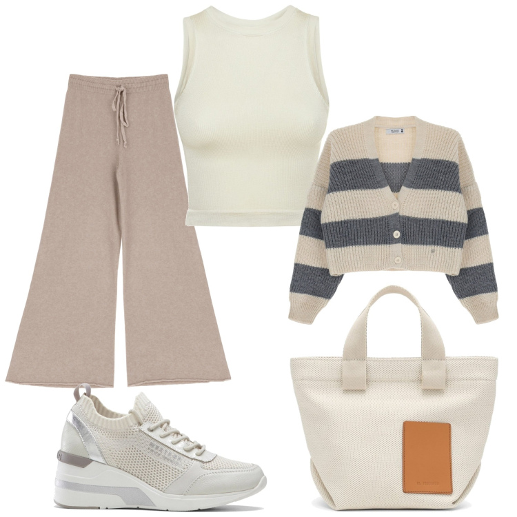Outfit donna - Total look #1741361. Stile Casual per Tutti i giorni. Abbinamento con sneakers, cardigans, pantaloni a palazzo, canottiere, borse a mano.