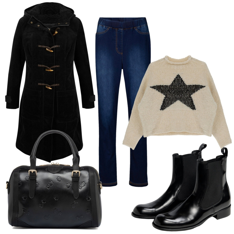Outfit donna - Total look #1741368. Stile Urban per Ufficio. Abbinamento con montgomery, jeggings, maglieria, borse a mano, stivaletti chelsea.