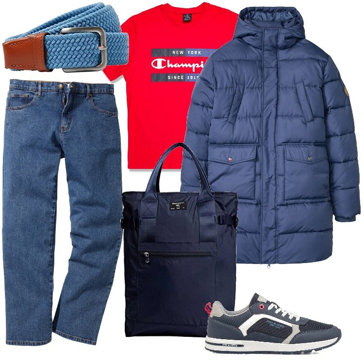Outfit uomo - Sempre di corsa - Ottobre. Stile Casual per Ufficio. Abbinamento con jeans dritti, giacche, t-shirt, sneakers, cinture, borse sportive.