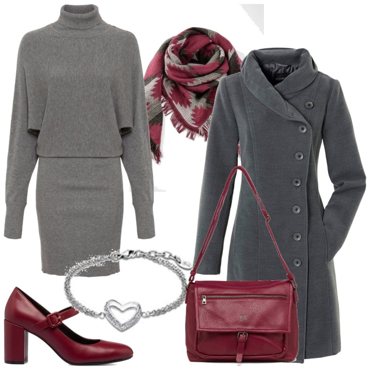 Outfit donna - Inverno grigio avvolgente. Stile Casual chic per Serata fuori. Abbinamento con vestiti, cappotti, foulard, décolleté, borse a tracolla, collane.