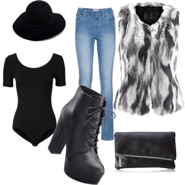 Outfit donna - Mannish.... Stile Rock per Tutti i giorni. Abbinamento con body, gilet, stivaletti con plateau e lacci nero, jeggings in denim blu, shopping bag nero, cappello con fasce in pelle sintetica.