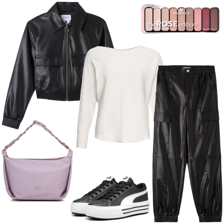 Outfit donna - Outfit in pelle. Stile Casual per Tutti i giorni. Abbinamento con maglieria, ombretti, pantaloni cargo, bomber, sneakers, borse a mano.